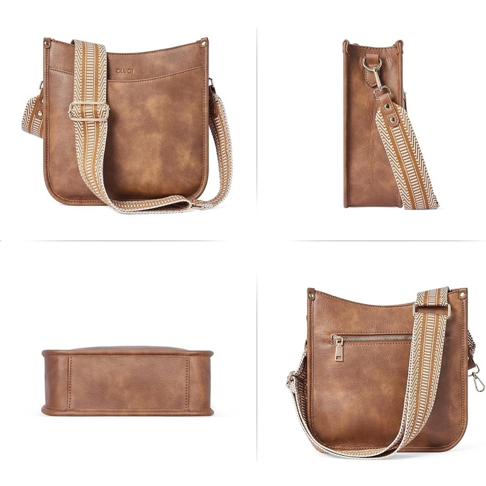 Brown Leather Shoulder Bag with Striped Strap - Picture 2 of 12